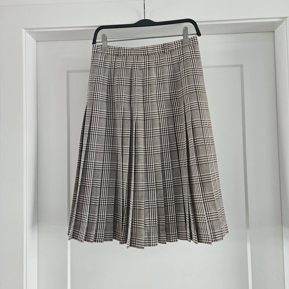 Escada Brown and White Plaid Pleated Midi Skirt Vintage